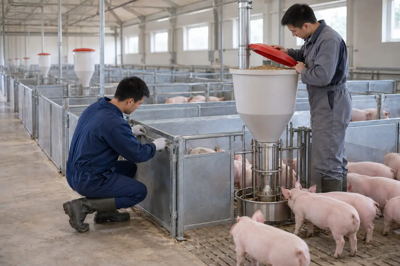 Two installers fitting steel pens and a feeder in a new pig house