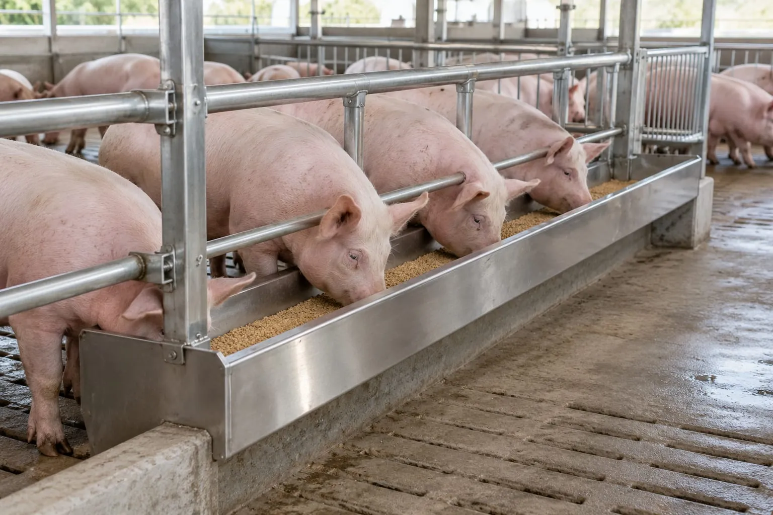 Stainless Steel Feed Troughs for a pig farm